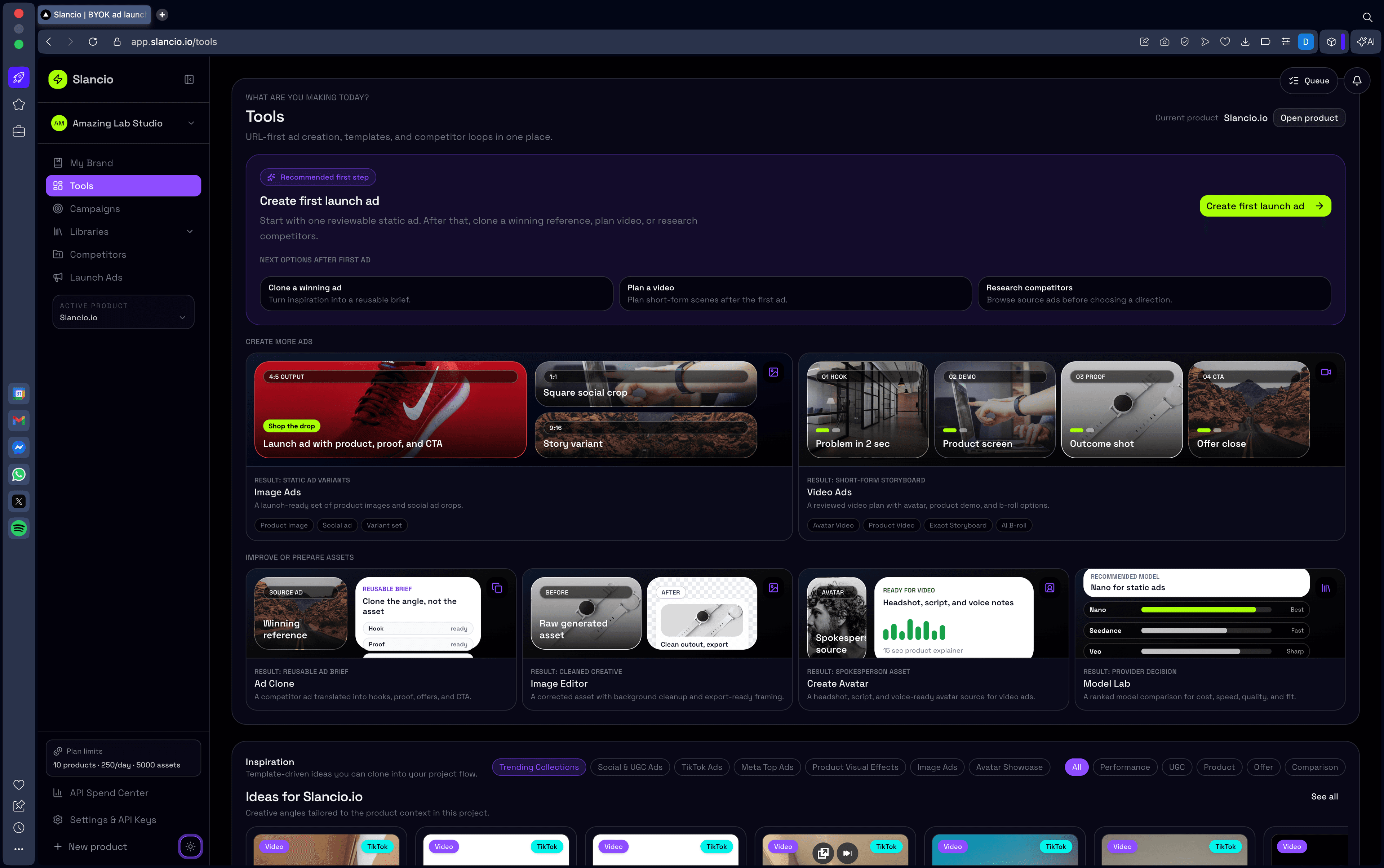 Slancio app tools workspace in dark mode