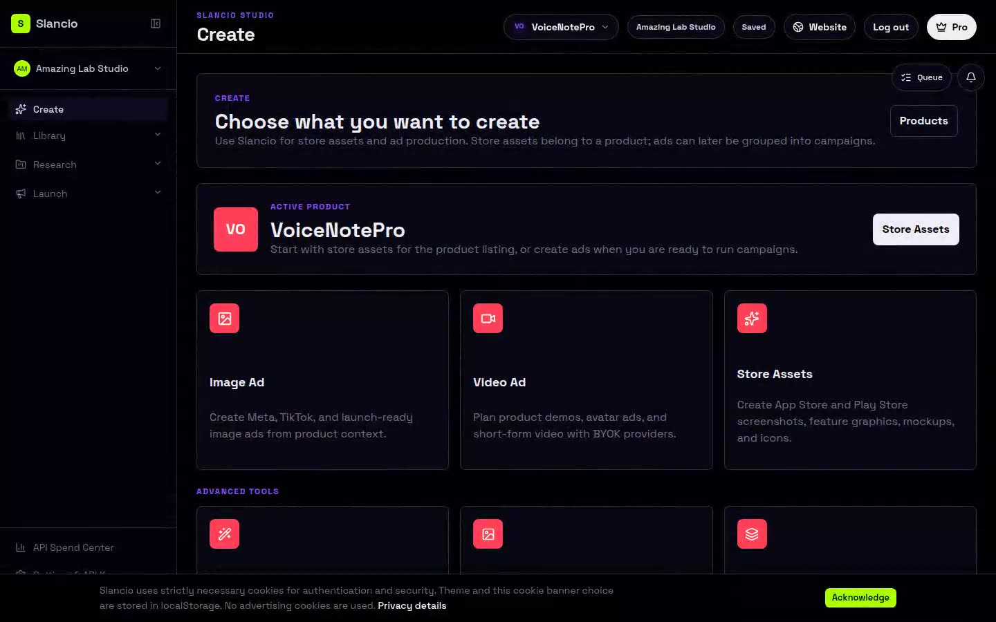 The Slancio workspace: Create, Library, Research and Launch in the sidebar, with the ad tools listed